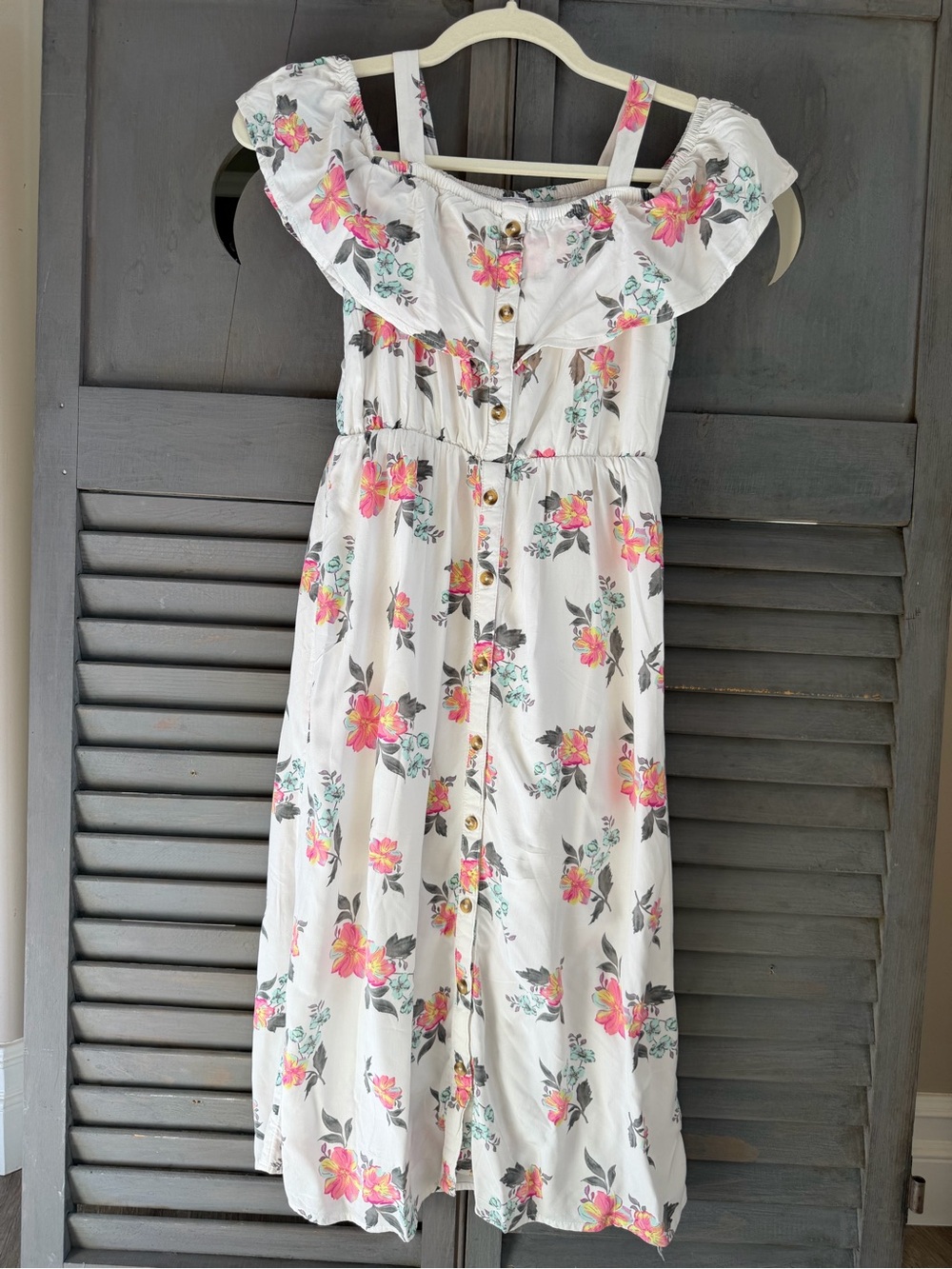 Justice White Floral Off-Shoulder Dress with Pink Flowers | Size 7/8